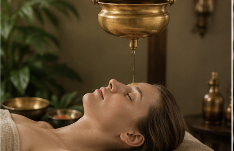 Shirodhara warm herbal oil flowing over forehead